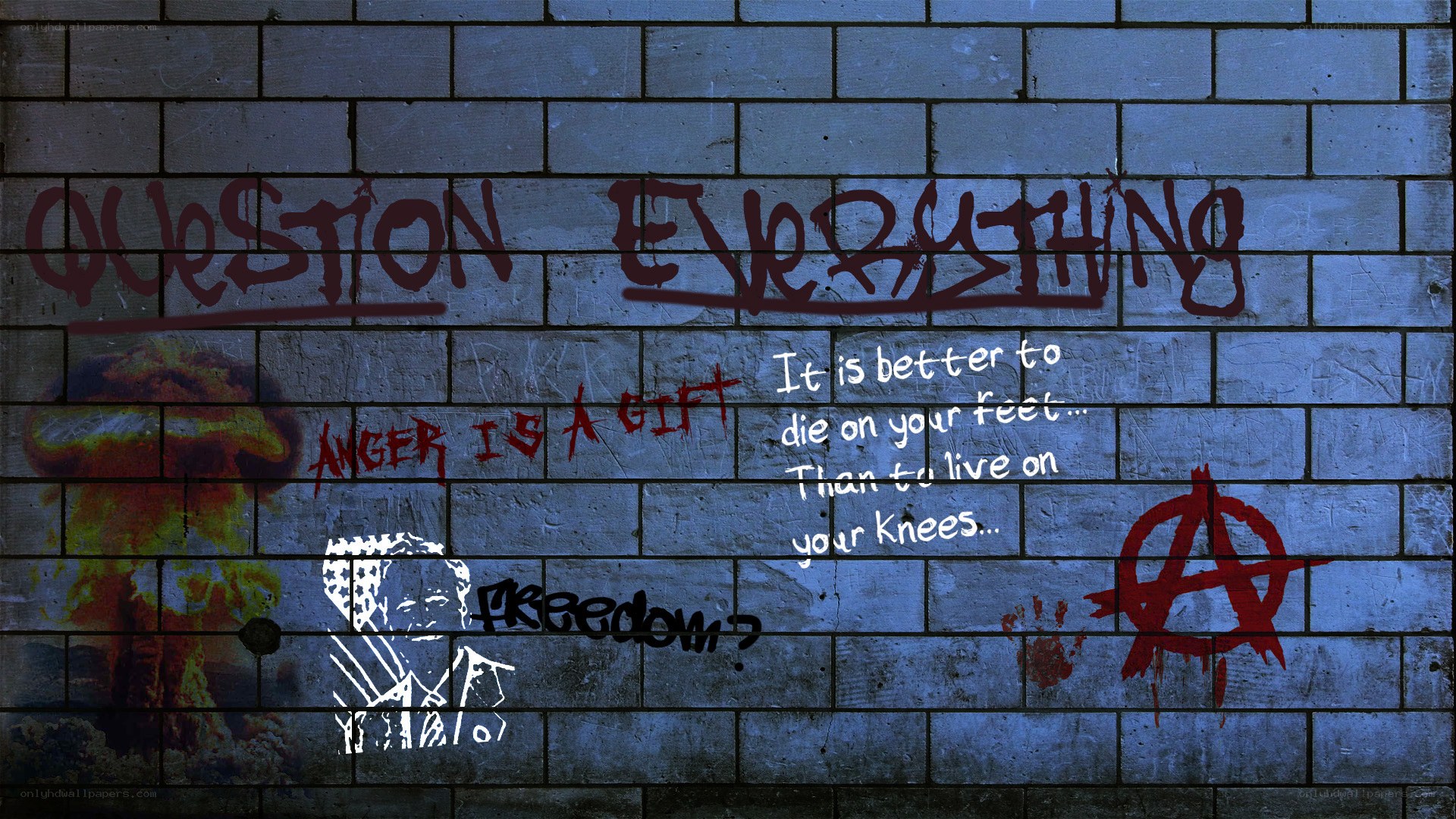 graffiti-covered brick wall