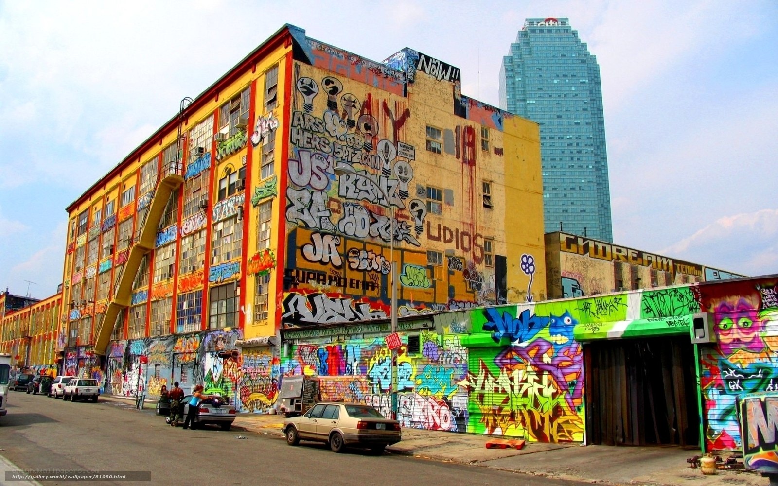 Graffiti-covered building in urban area