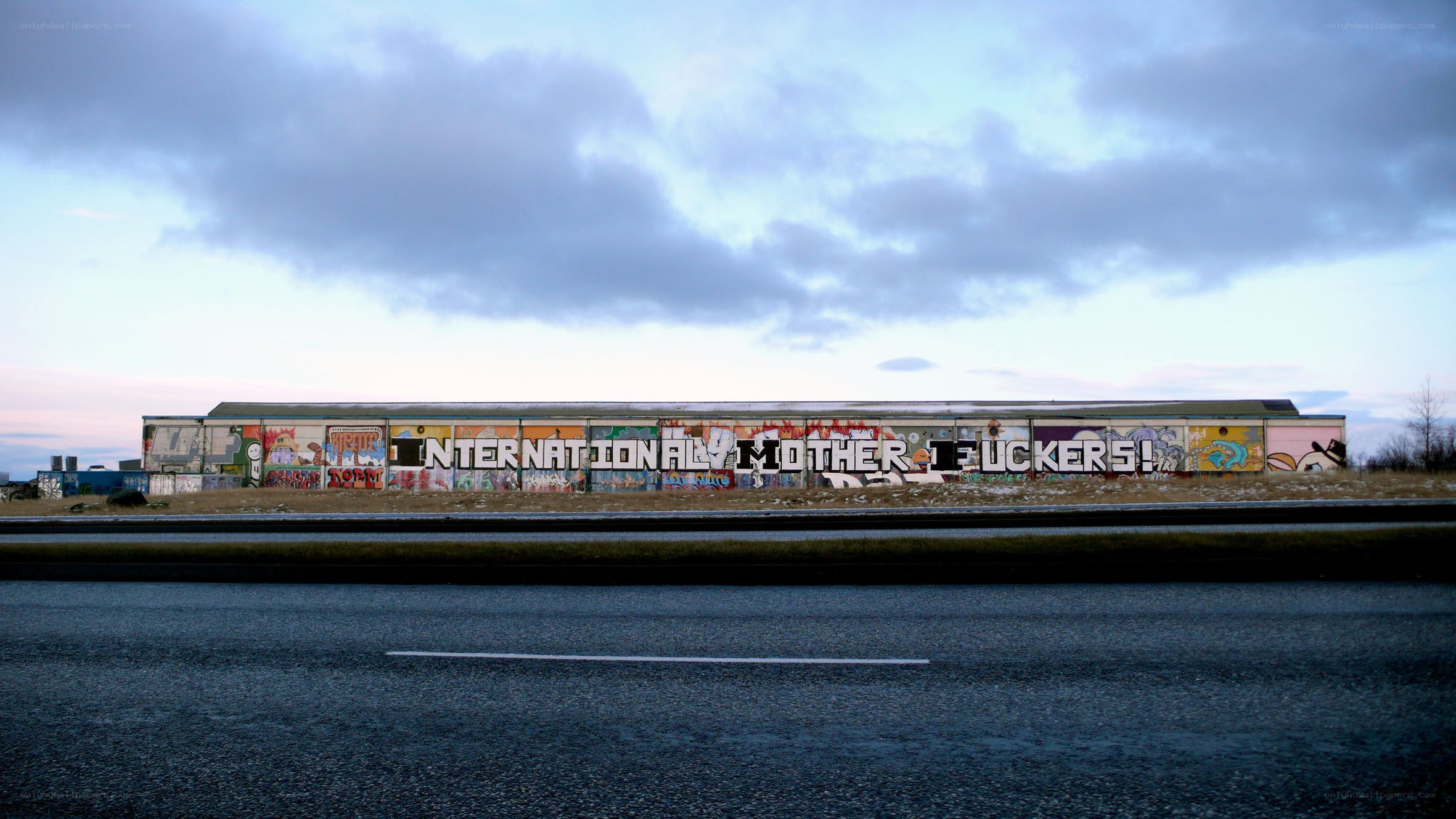 graffiti-covered building with offensive text