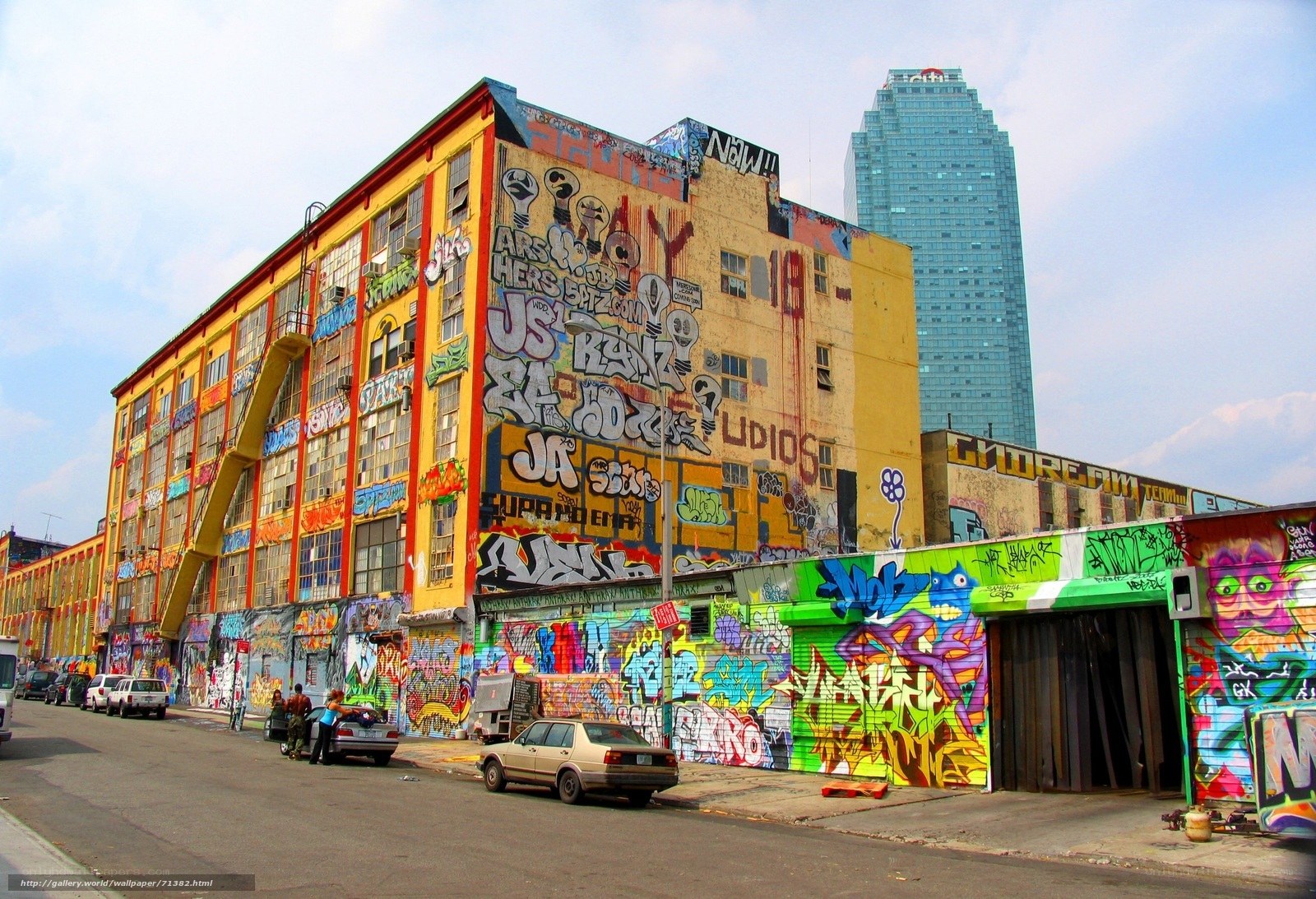 Graffiti-covered buildings in a city