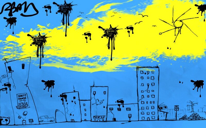 graffiti-covered cityscape