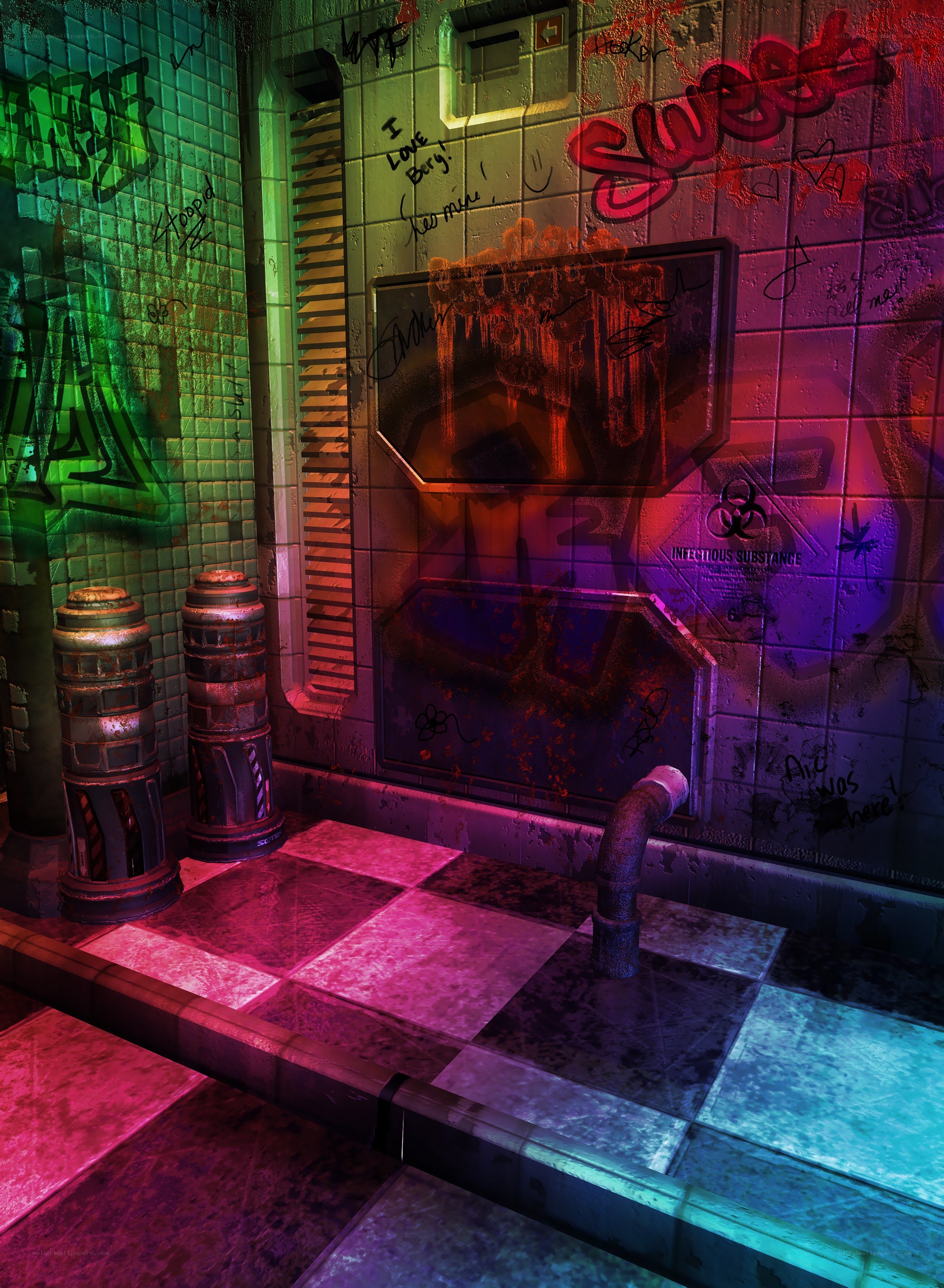 graffiti-covered corridor with neon lights