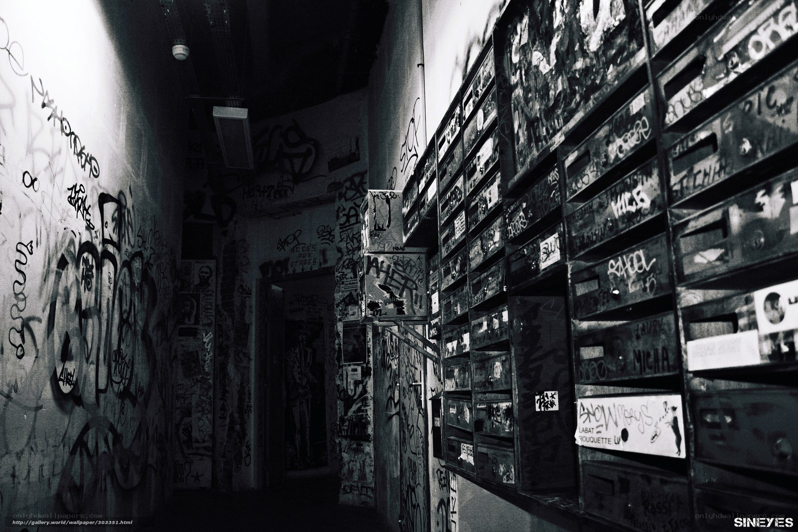 graffiti-covered hallway