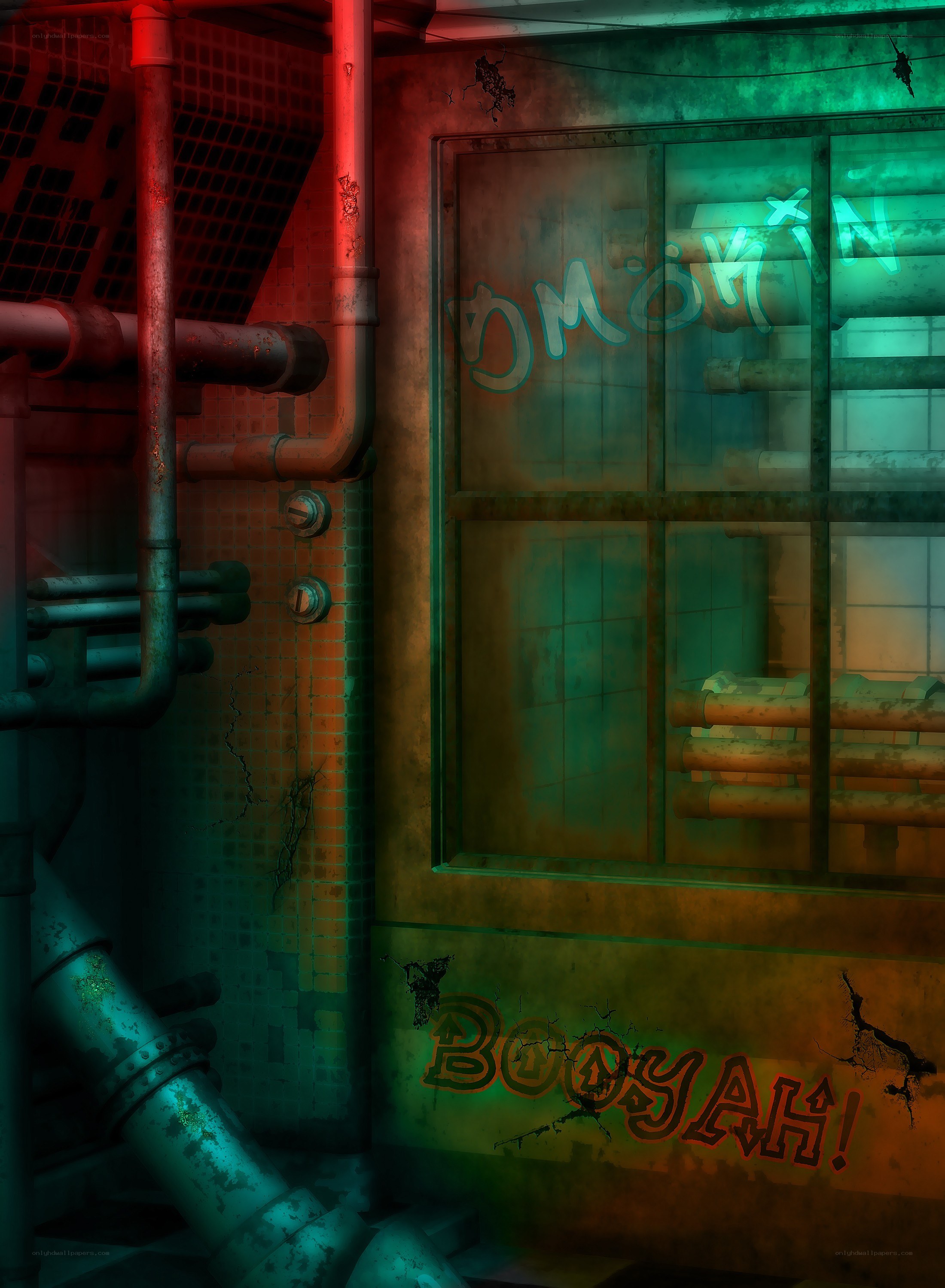 graffiti-covered industrial corridor
