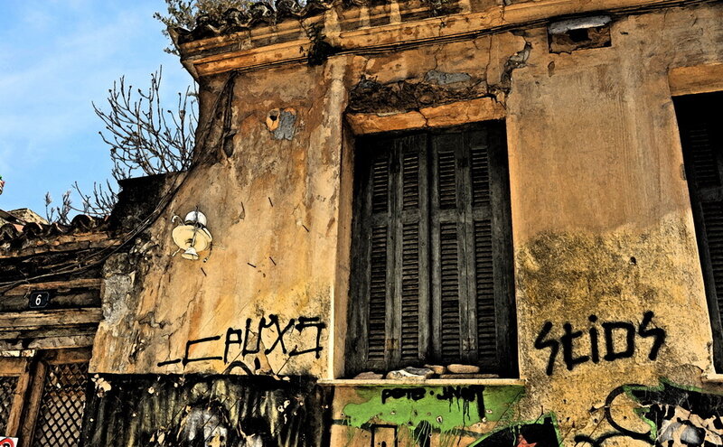 graffiti-covered old building