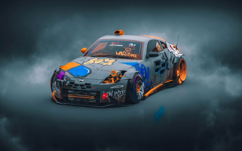 Graffiti-covered Race Car — Gray