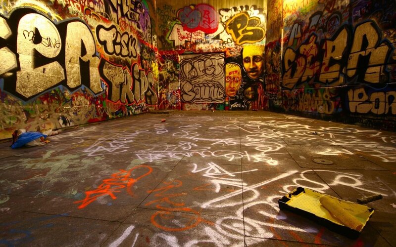 Graffiti-covered Room — Black, Dramatic, Night, Photograph, Spray Paint, Paint Tray, Street Art