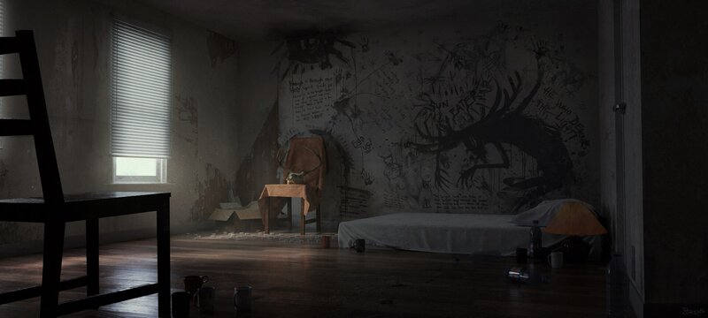 Graffiti-covered Room — Gray, Dramatic