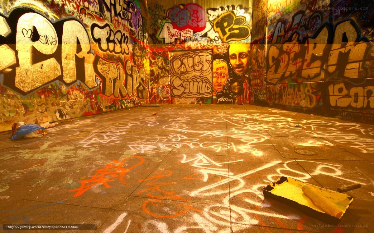 graffiti-covered room interior