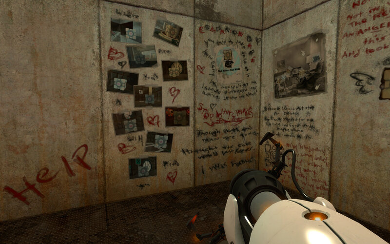 graffiti-covered room with portal gun