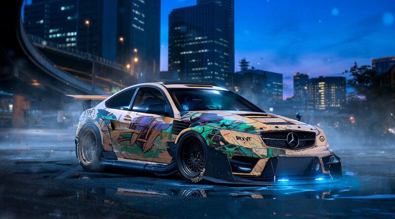 Graffiti-covered Sports Car — Blue