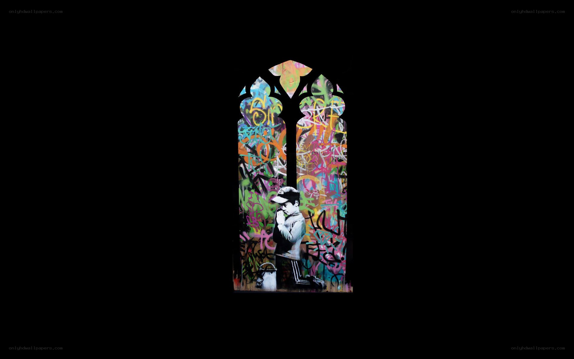 graffiti-covered stained glass window