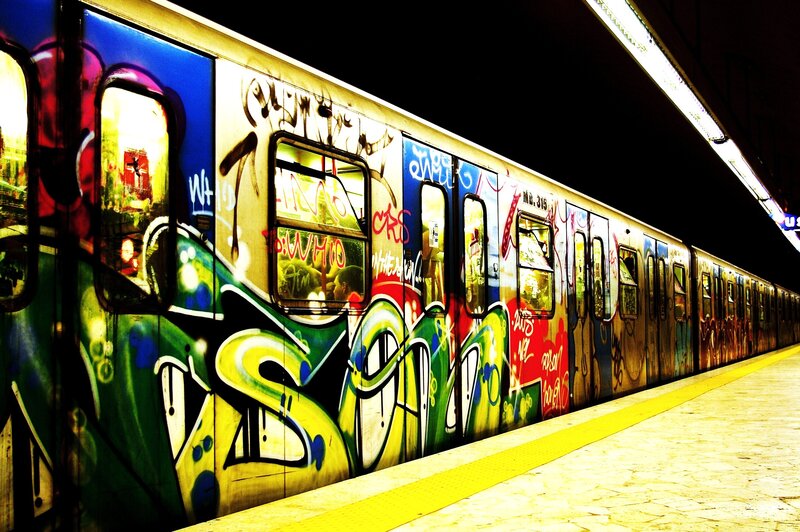 Graffiti-covered subway train