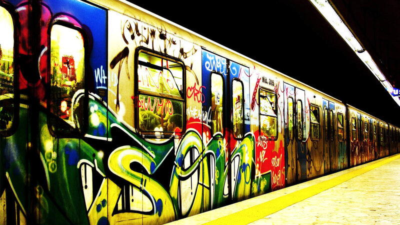 Graffiti-covered subway train