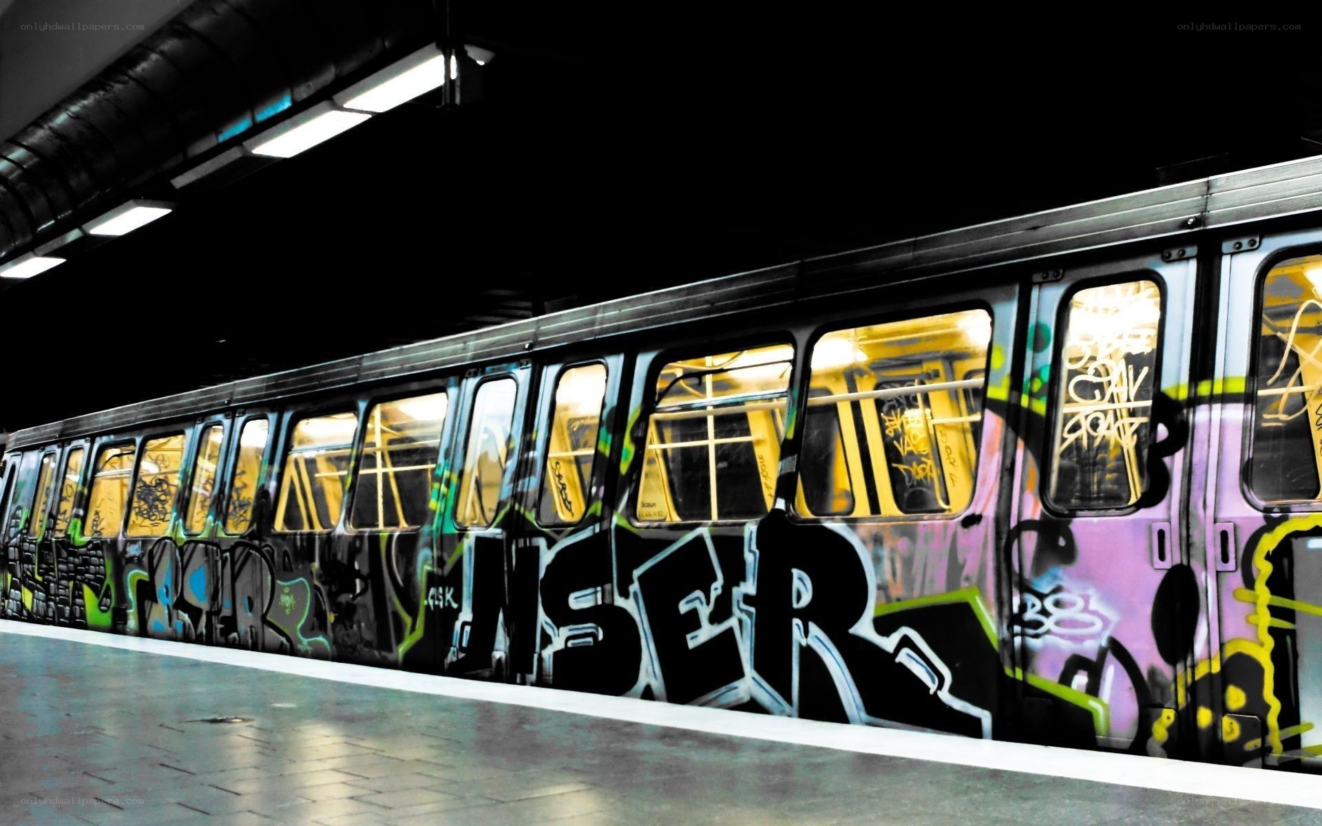 graffiti-covered subway train
