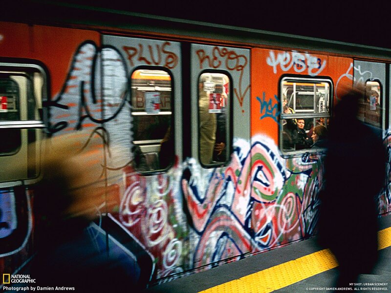 Graffiti-covered subway train