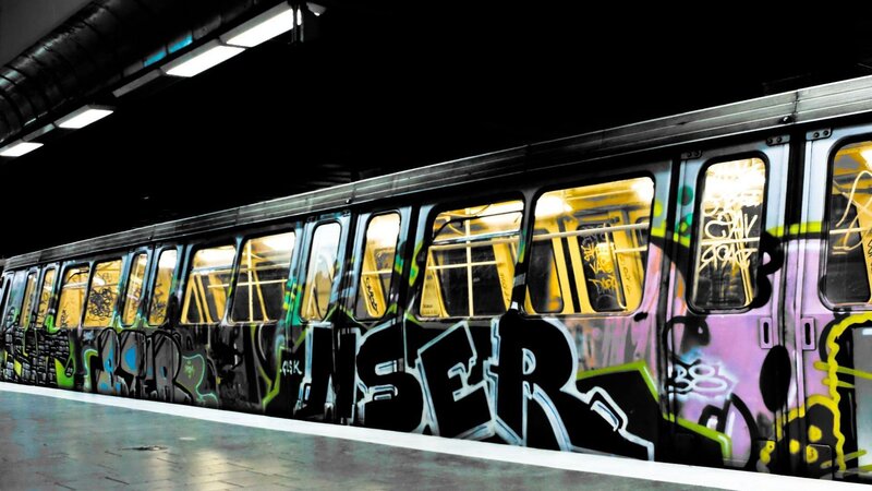 Graffiti-covered Subway Train — Black, Dramatic, Night, Photograph