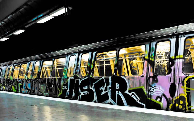 Graffiti-covered Subway Train — Black, Dramatic