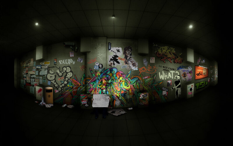 graffiti-covered subway tunnel