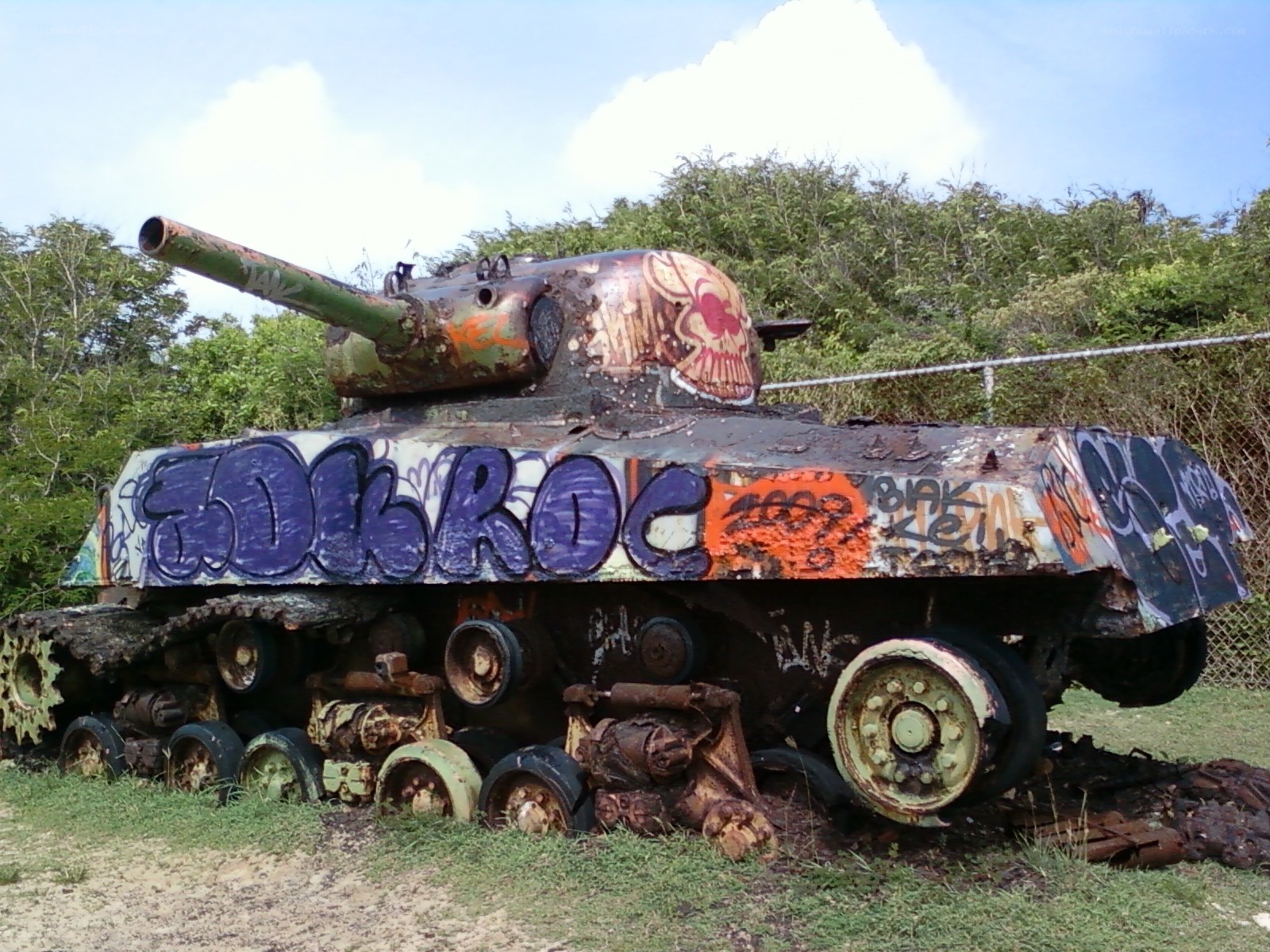 graffiti-covered tank in overgrown area