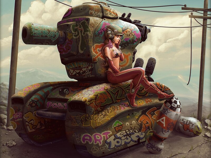 Graffiti-covered tank with woman