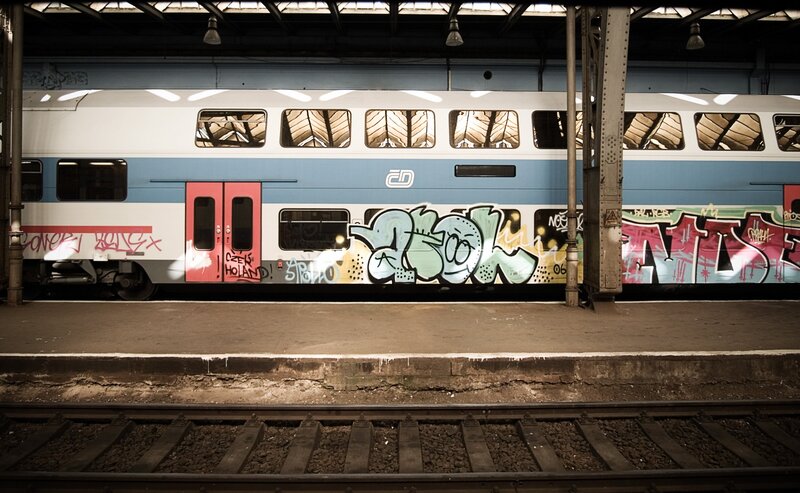 Graffiti-covered Train — Blue, Dramatic, Night, Photograph