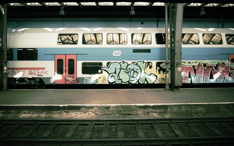 Graffiti-covered Train — Blue, Urban