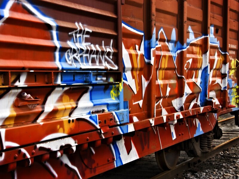Graffiti-covered Train Car — Red, Urban, Photograph, Train Tracks