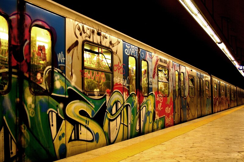 Graffiti-covered Train — Green, Dramatic
