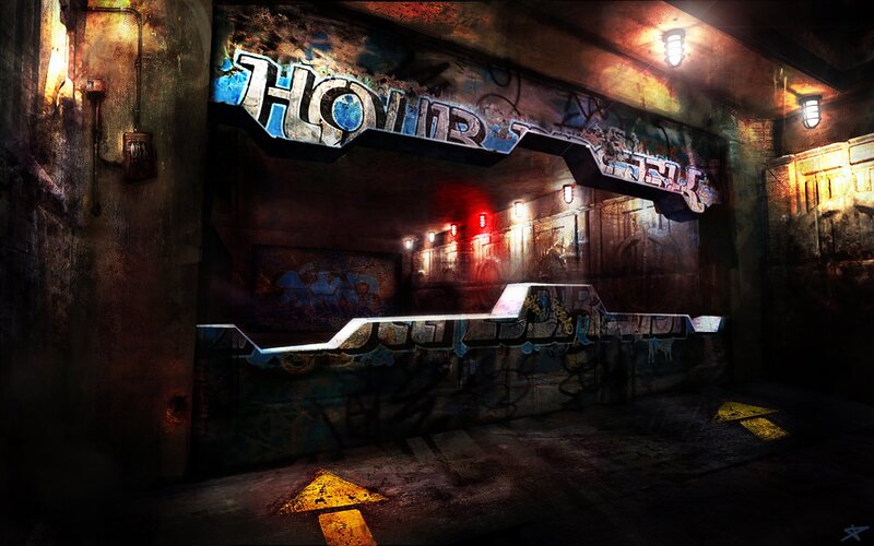 graffiti-covered underground corridor