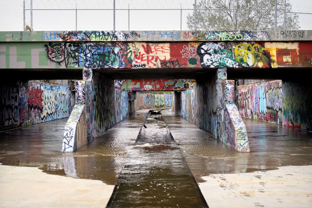 graffiti-covered underpass