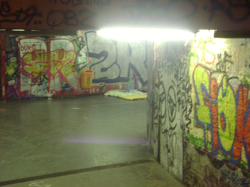 graffiti-covered underpass