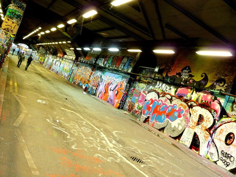 graffiti-covered underpass