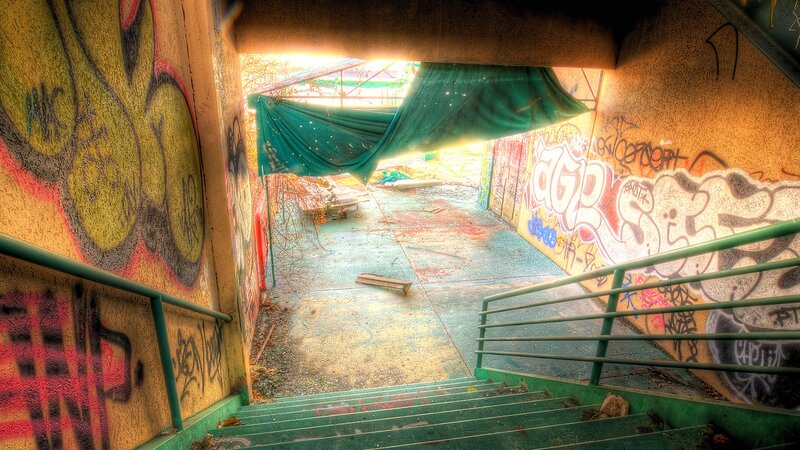 graffiti-covered underpass
