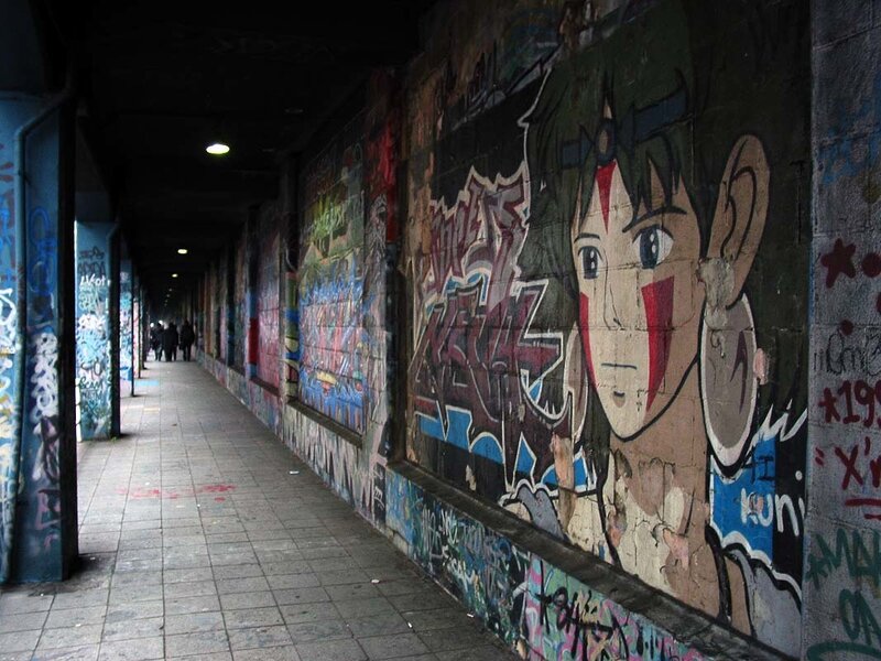 graffiti-covered underpass