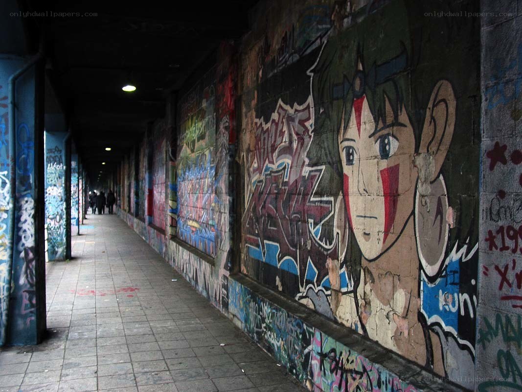 graffiti-covered underpass