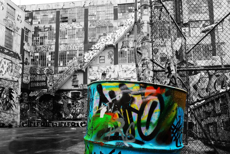 graffiti-covered urban alley