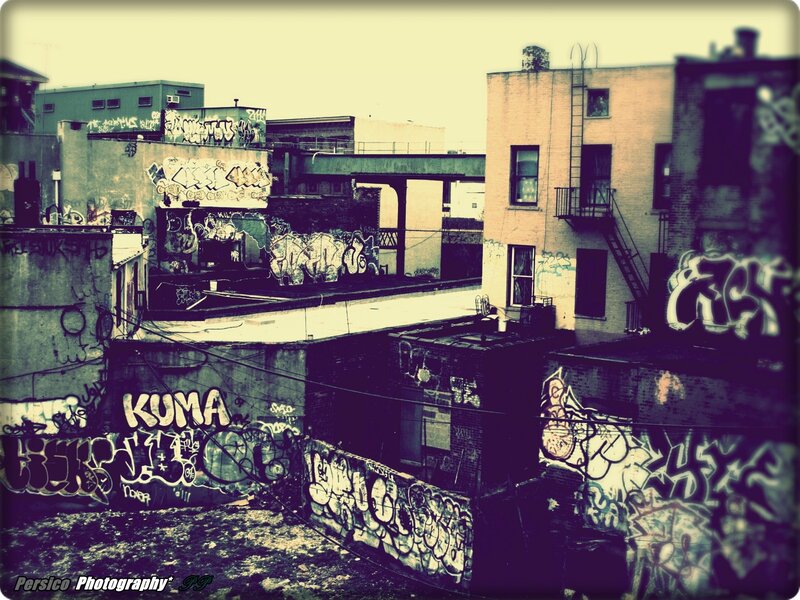 graffiti-covered urban rooftops