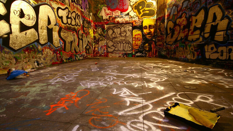 graffiti-covered urban space