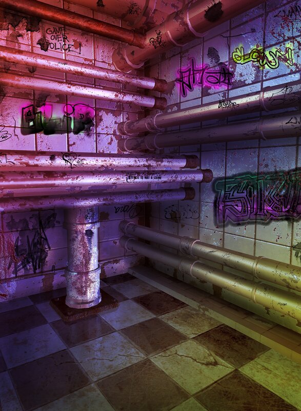 graffiti-covered utility corridor
