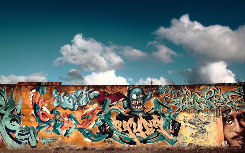 Graffiti-covered Wall — Blue, Dramatic, Afternoon