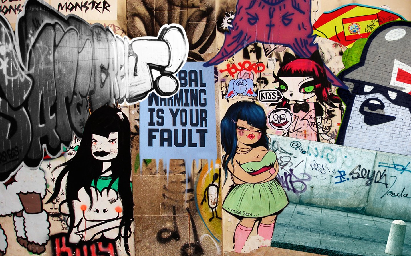 graffiti-covered wall with cartoon characters
