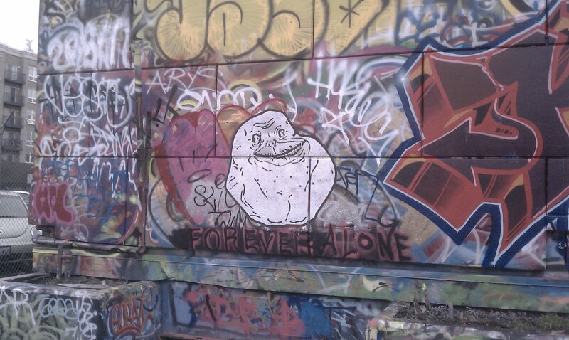 graffiti-covered wall with meme