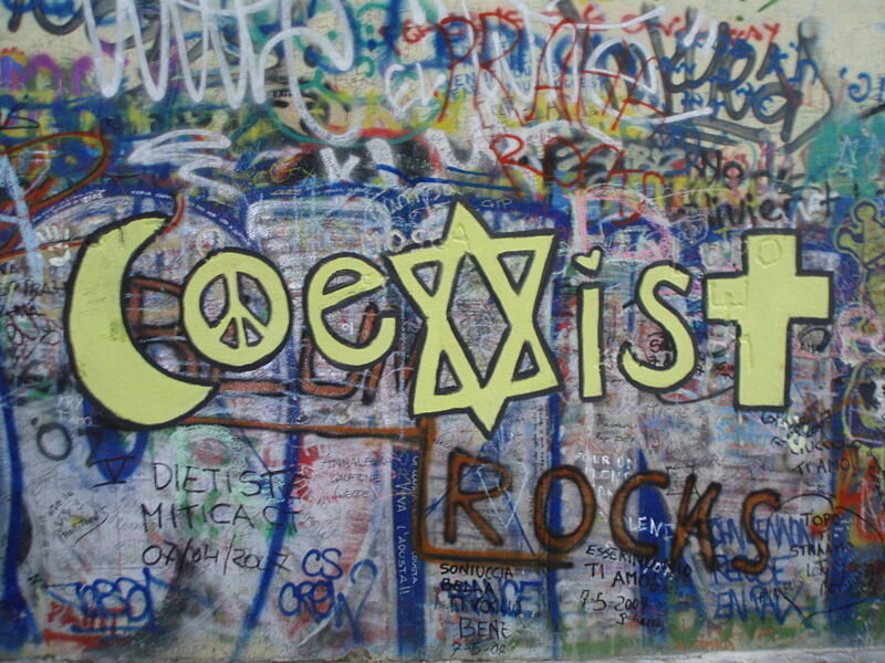 graffiti-covered wall with text