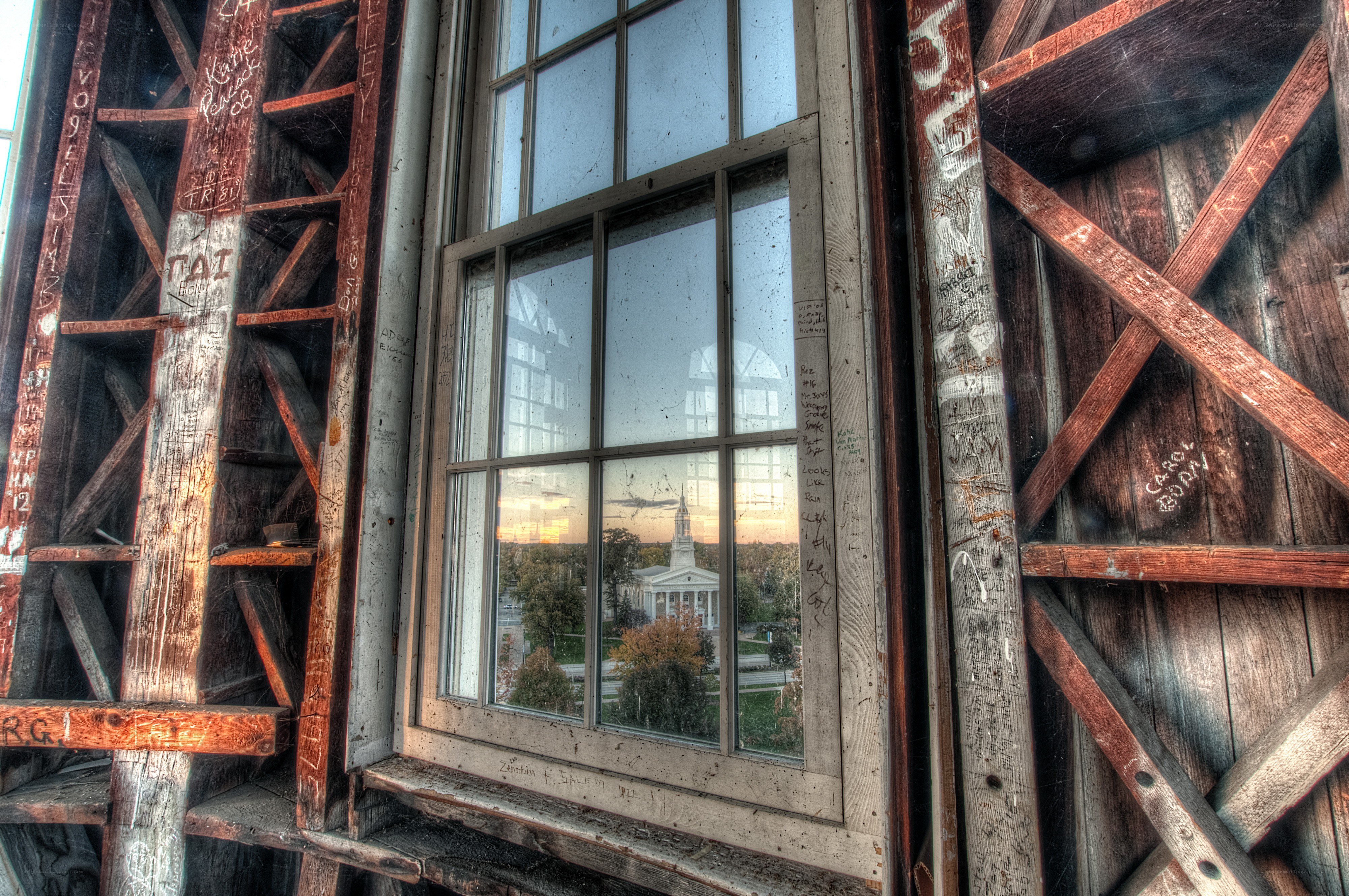 graffiti-covered window view