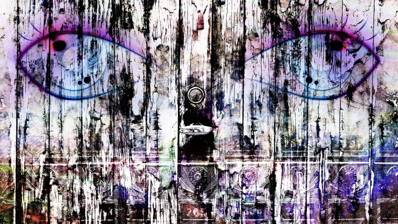graffiti eyes on wooden door