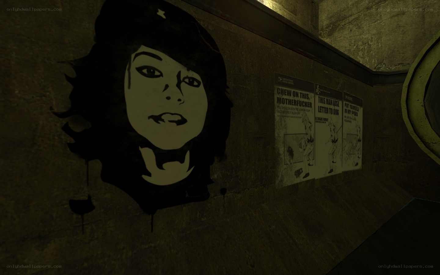 graffiti in a dim hallway