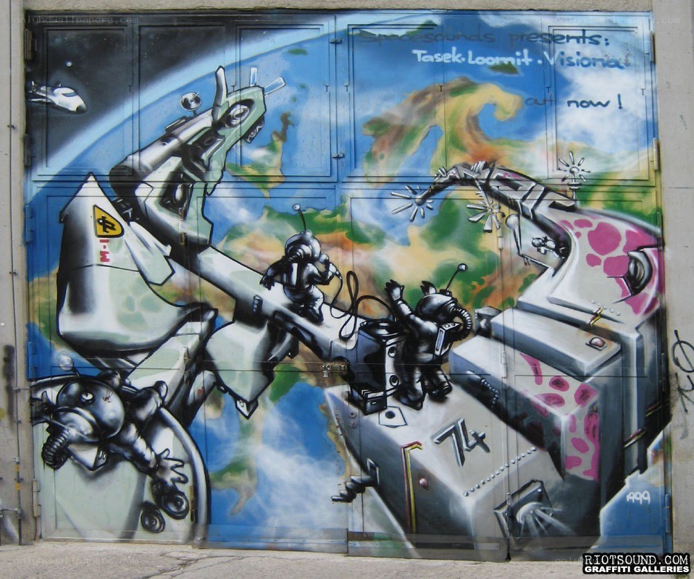graffiti mural of space robots