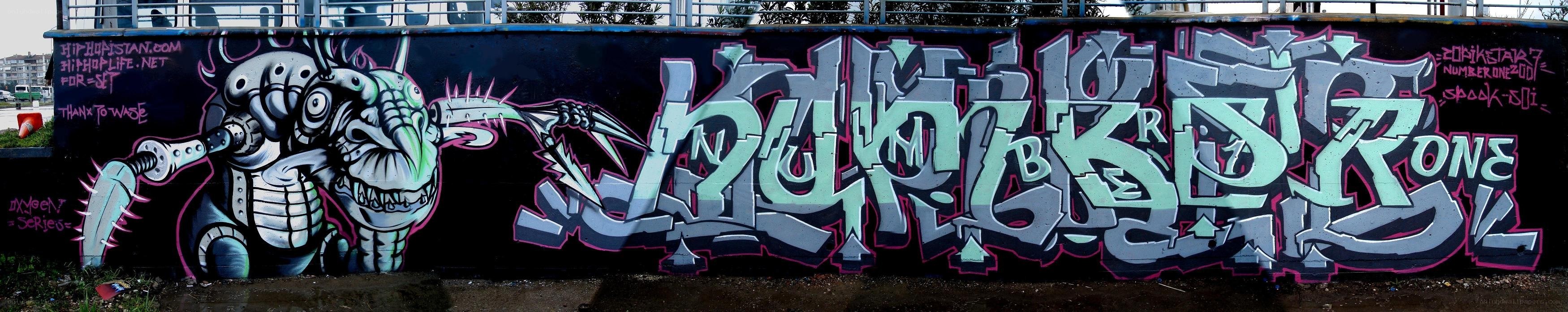graffiti mural with monster and text