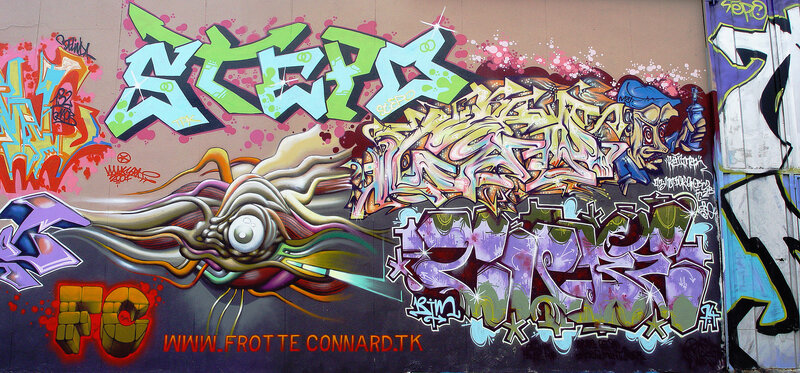 graffiti mural with stylized text